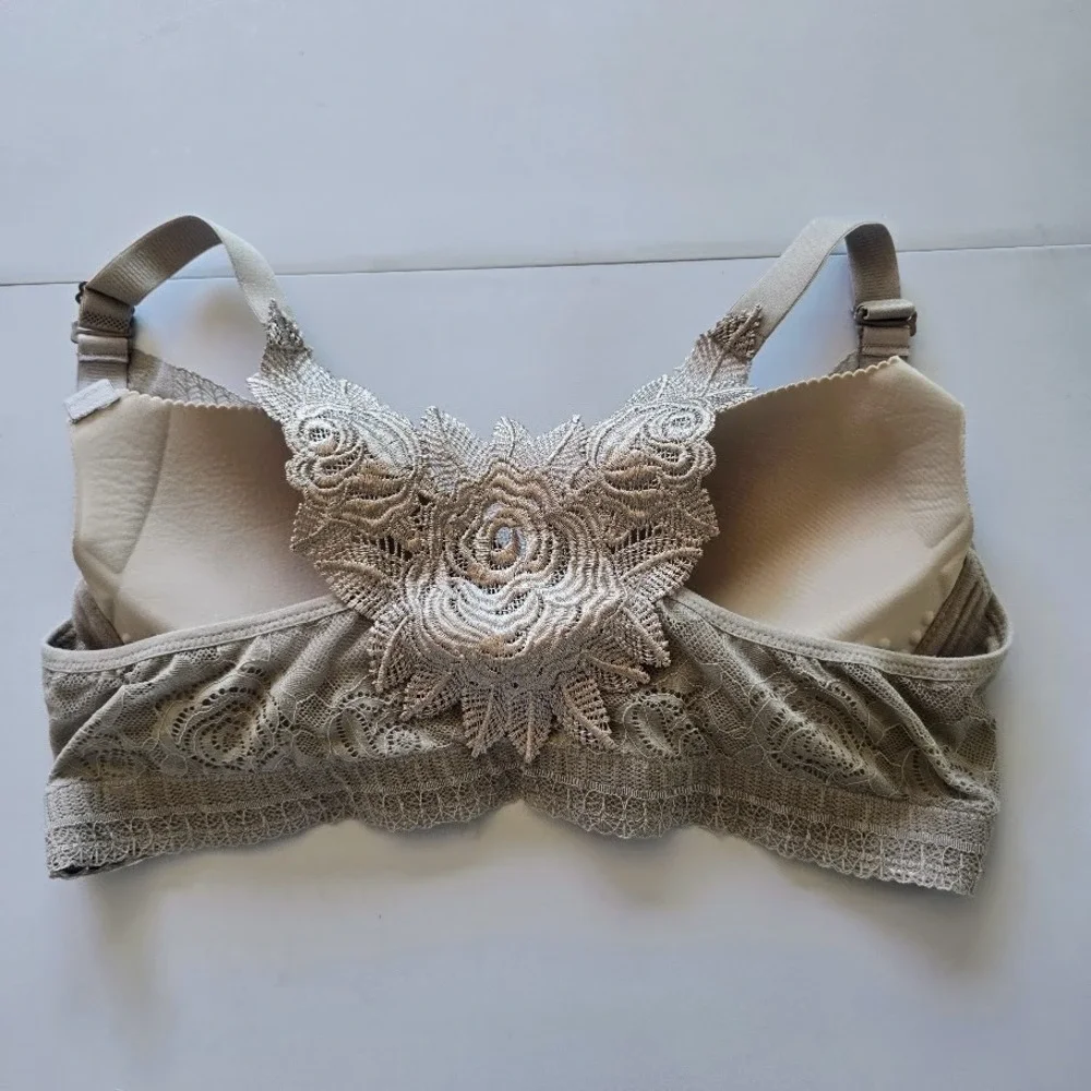 Taupe Lace Front-Close Bra‎ Rose Floral Racerback Rhinestone Women 42C Lingerie